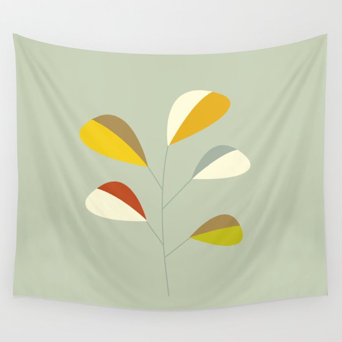 Mid Century Modern Single Leaf Pattern 1. Vintage green Wall Tapestry Gallery Image 1