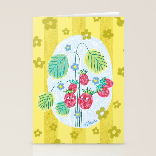 Sweet Strawberry Plant Friends in Yellow & Pink Stationery Card Gallery Image 2