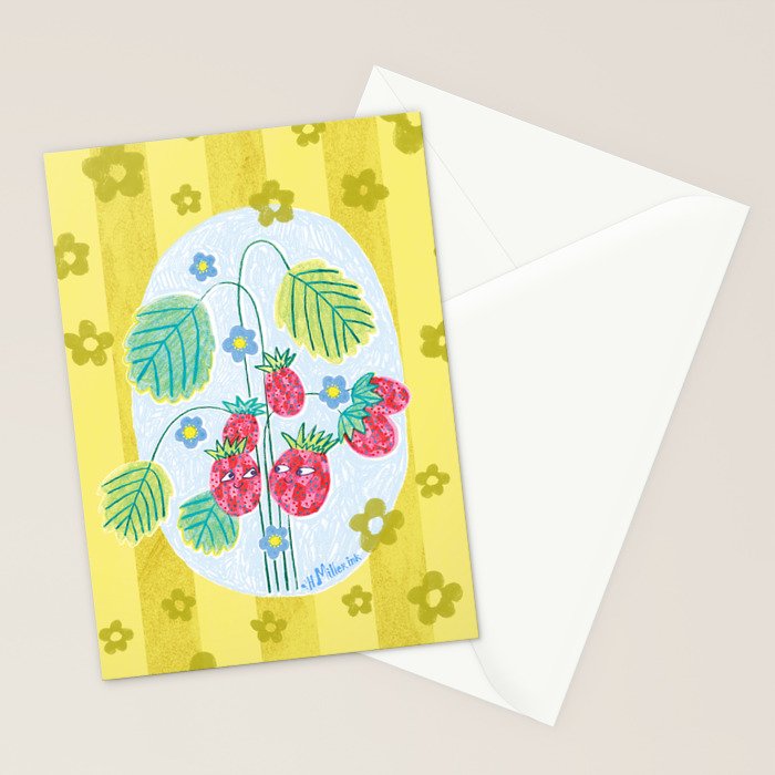Sweet Strawberry Plant Friends in Yellow & Pink Stationery Card Gallery Image 2