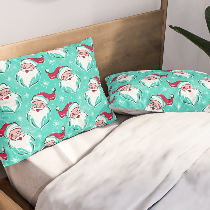 'Tis The Season Retro Santa Aqua Multi Pattern Pillow Sham Gallery Image 2