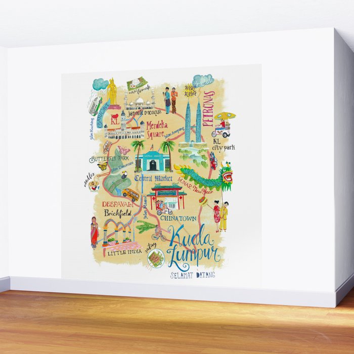 Illustrative map Kuala Lumpur Malaysia travel Wall Mural Gallery Image 2