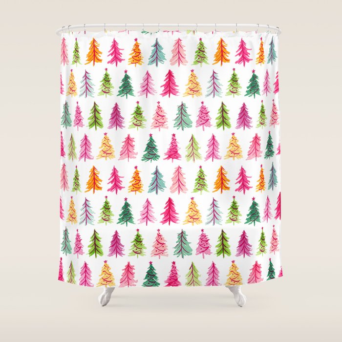 Colorful Vintage Bottlebrush Christmas Trees Shower Curtain Gallery Image 1