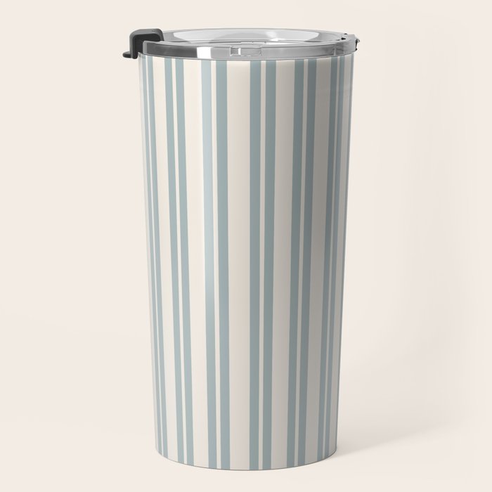 Classic Double Stripe Pattern in Cream and Light Blue-Gray Travel Mug Gallery Image 3