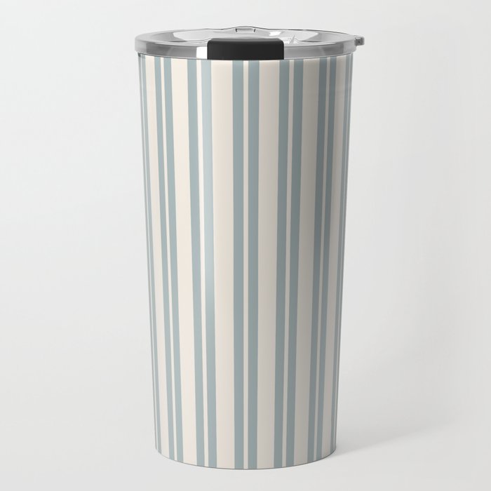 Classic Double Stripe Pattern in Cream and Light Blue-Gray Travel Mug Gallery Image 1