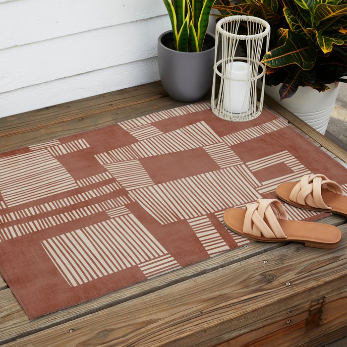 Modern Abstract Terracotta Linocut Boho Art Outdoor Rug Gallery Image 2