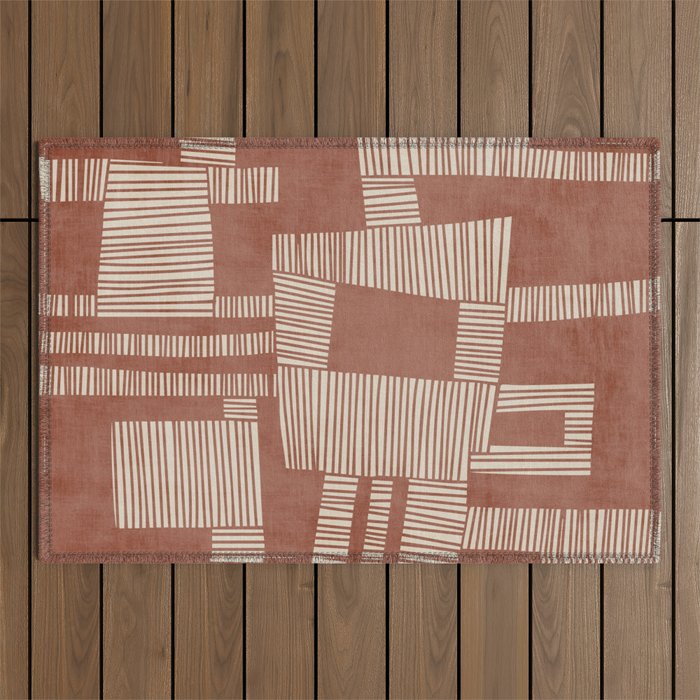 Modern Abstract Terracotta Linocut Boho Art Outdoor Rug Gallery Image 1