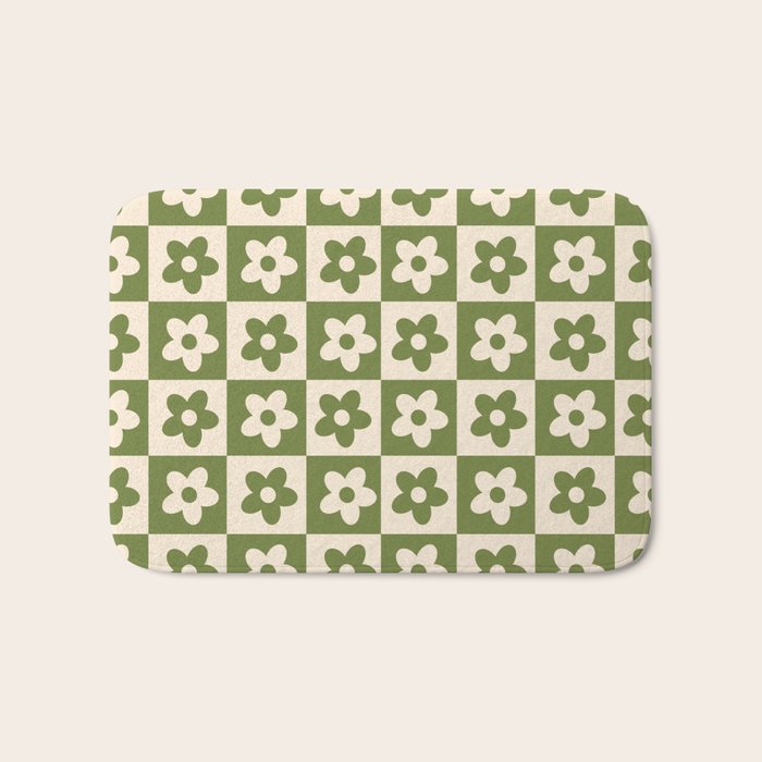 90s flowers checkers cream and green Bath Mat Gallery Image 1