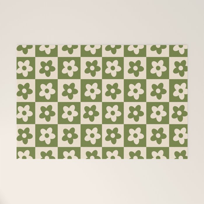 90s flowers checkers cream and green Welcome Mat Gallery Image 1