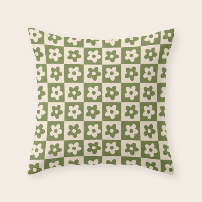 90s flowers checkers cream and green Throw Pillow Gallery Image 6
