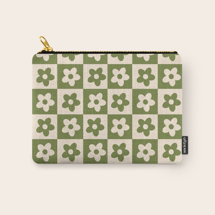 90s flowers checkers cream and green Carry All Pouch Gallery Image 1