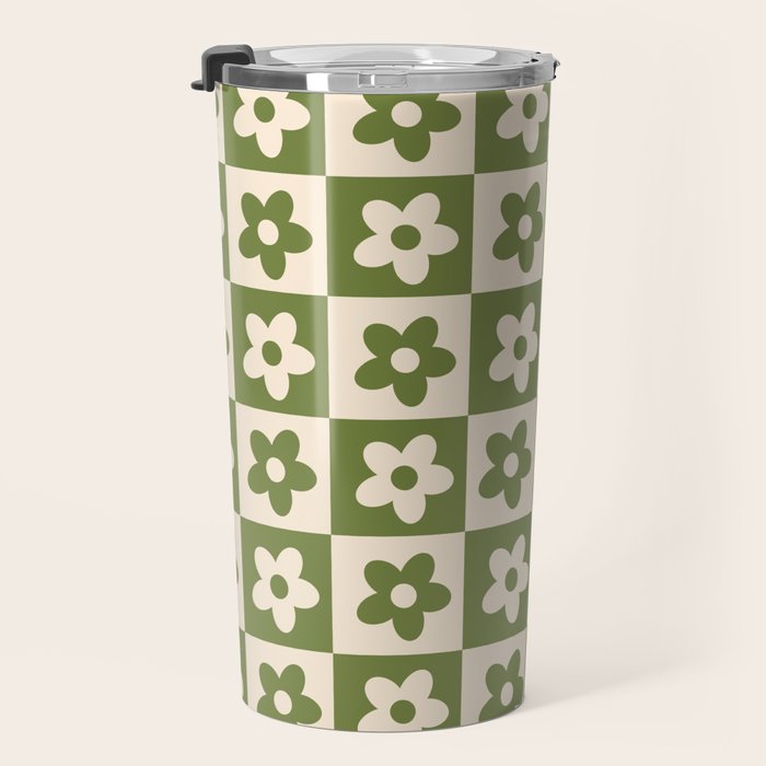 90s flowers checkers cream and green Travel Mug Gallery Image 3