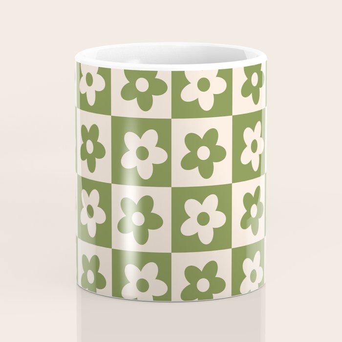 90s flowers checkers cream and green Coffee Mug Gallery Image 4