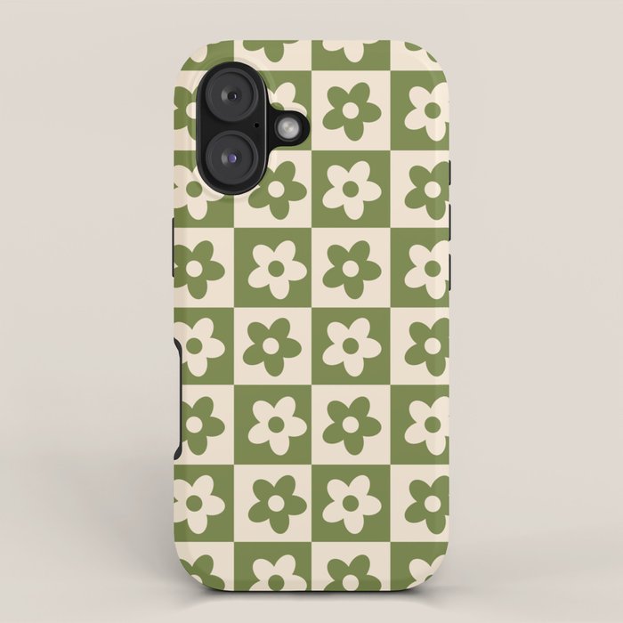 90s flowers checkers cream and green iPhone Case Gallery Image 1