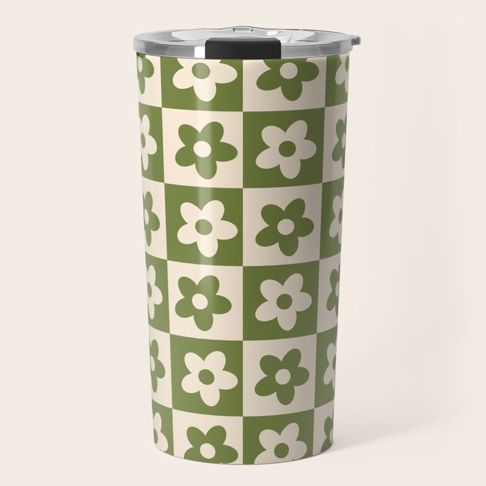 90s flowers checkers cream and green Travel Mug Gallery Image 1
