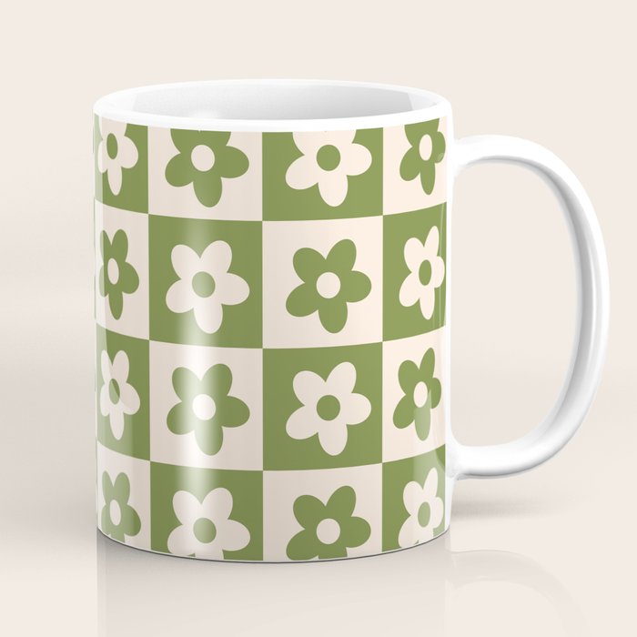 90s flowers checkers cream and green Coffee Mug Gallery Image 1