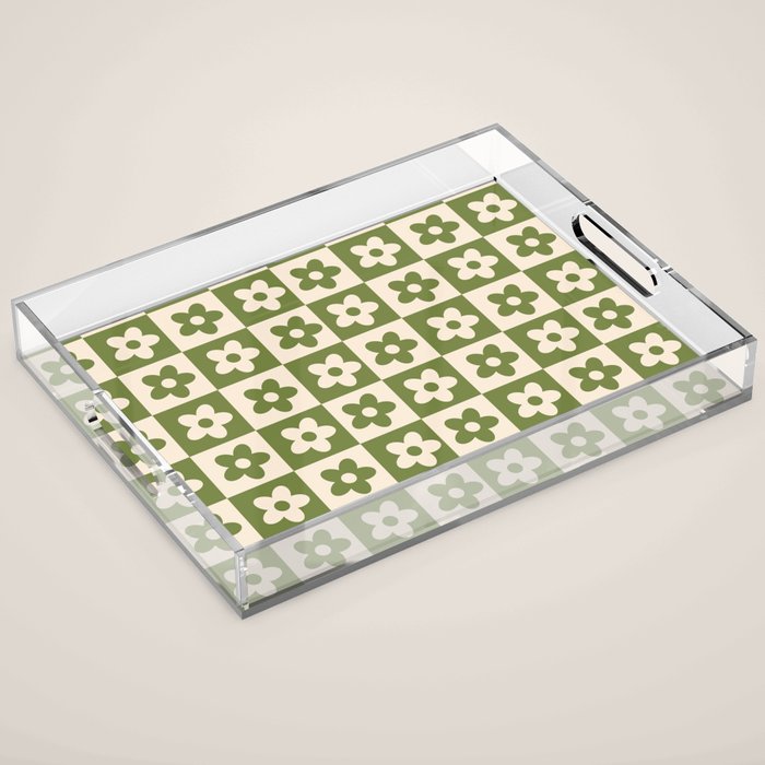 90s flowers checkers cream and green Acrylic Tray Gallery Image 1