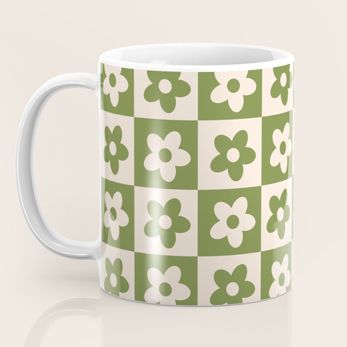 90s flowers checkers cream and green Coffee Mug Gallery Image 3