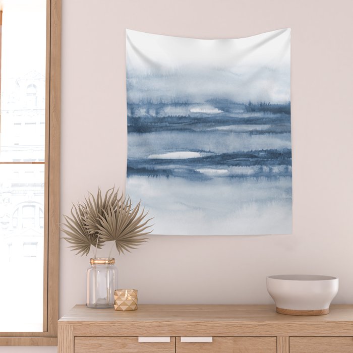 Indigo Clouds, Blue Abstract Art Wall Tapestry Gallery Image 2