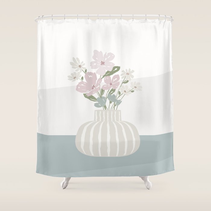 Wildflower bouquet in vase illustration - beige muted pink and dusty green flowers Shower Curtain Gallery Image 1