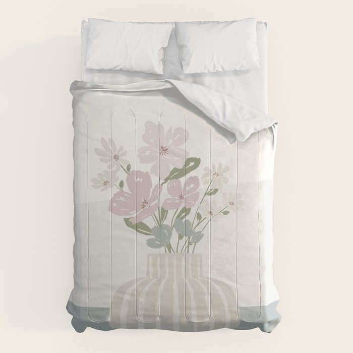 Wildflower bouquet in vase illustration - beige muted pink and dusty green flowers Comforter Gallery Image 1