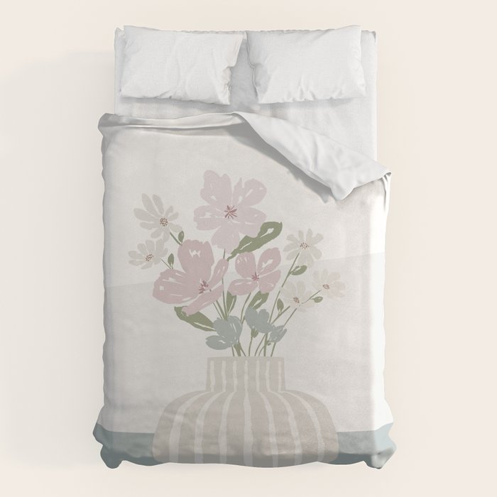 Wildflower bouquet in vase illustration - beige muted pink and dusty green flowers Duvet Cover Gallery Image 1