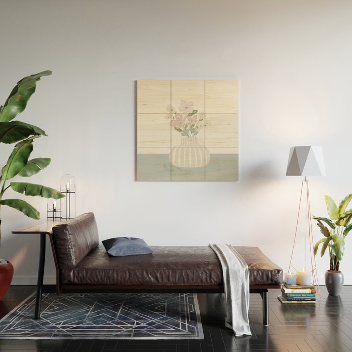 Wildflower bouquet in vase illustration - beige muted pink and dusty green flowers Wood Wall Art Gallery Image 2