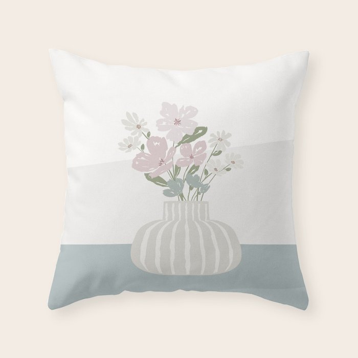 Wildflower bouquet in vase illustration - beige muted pink and dusty green flowers Throw Pillow Gallery Image 1
