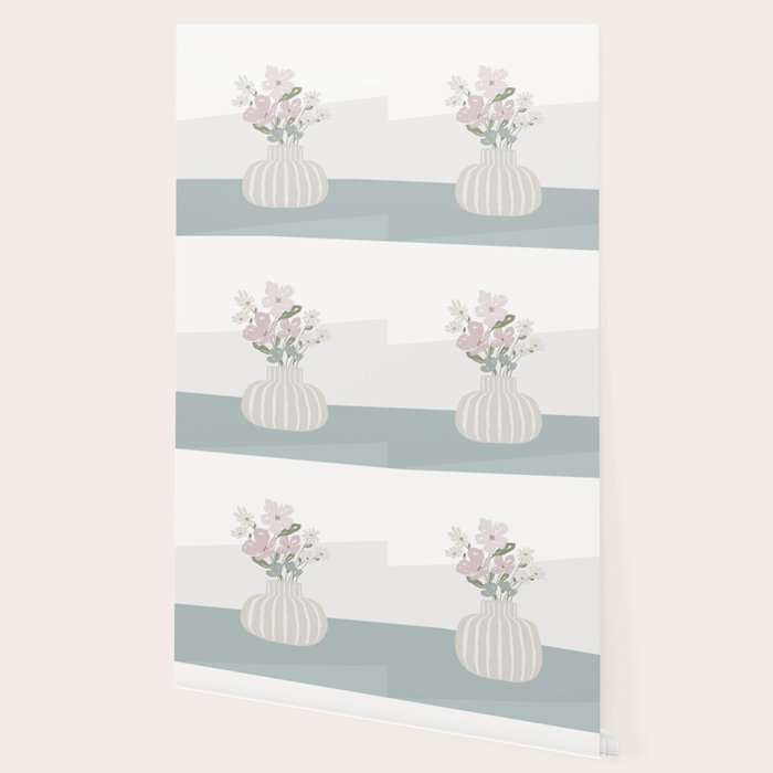 Wildflower bouquet in vase illustration - beige muted pink and dusty green flowers Wallpaper Gallery Image 2