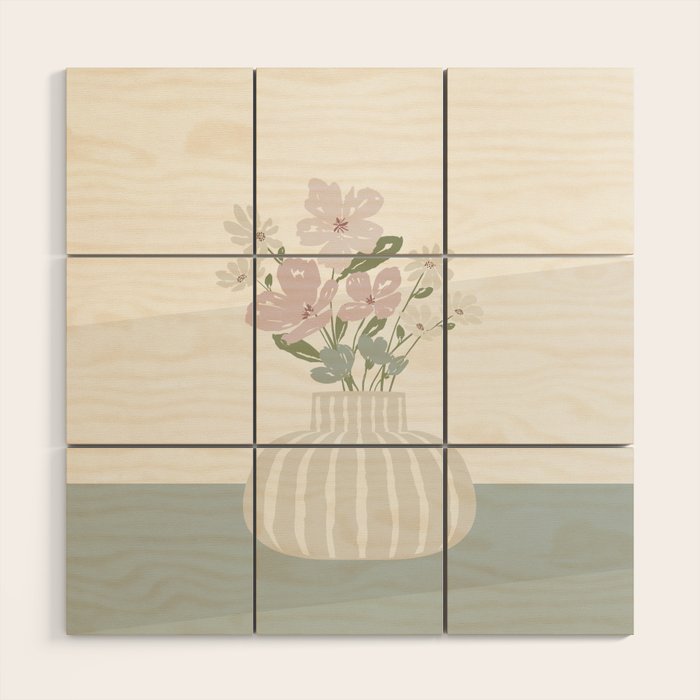 Wildflower bouquet in vase illustration - beige muted pink and dusty green flowers Wood Wall Art Gallery Image 1