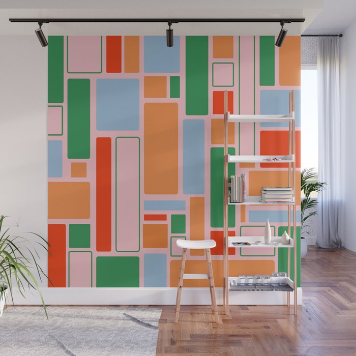 Geometric Modulus Retro Contemporary Pattern Pink Light Blue Orange Green Wall Mural Gallery Image 1