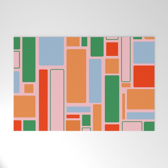 Geometric Modulus Retro Contemporary Pattern Pink Light Blue Orange Green Welcome Mat Gallery Image 1