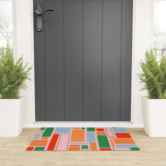 Geometric Modulus Retro Contemporary Pattern Pink Light Blue Orange Green Welcome Mat Gallery Image 3