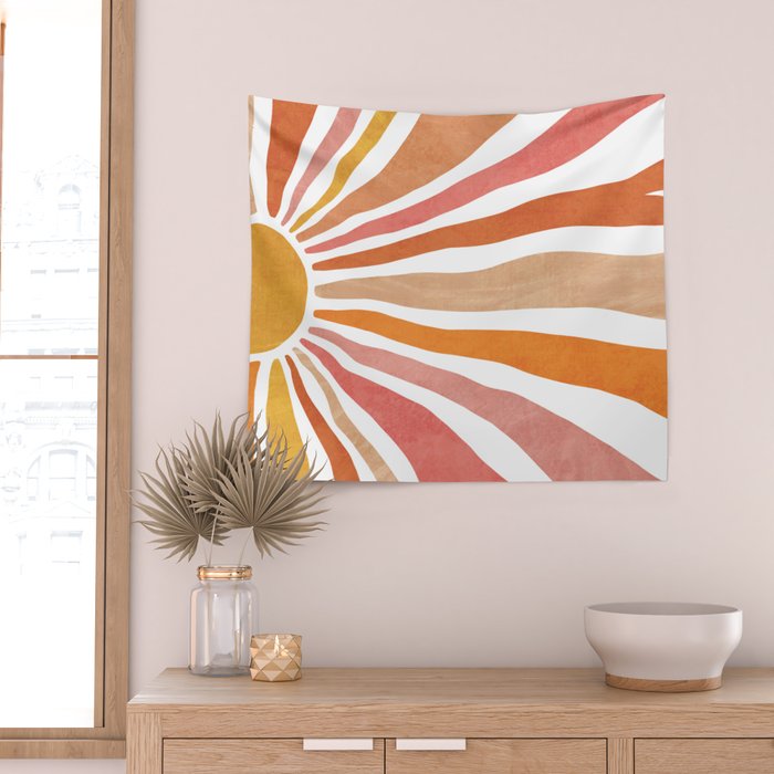 Retro abstract sun in pink, peach, yellow, orange Wall Tapestry Gallery Image 2