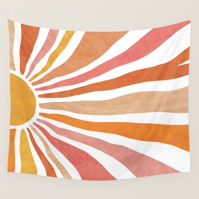 Retro abstract sun in pink, peach, yellow, orange Wall Tapestry Gallery Image 4