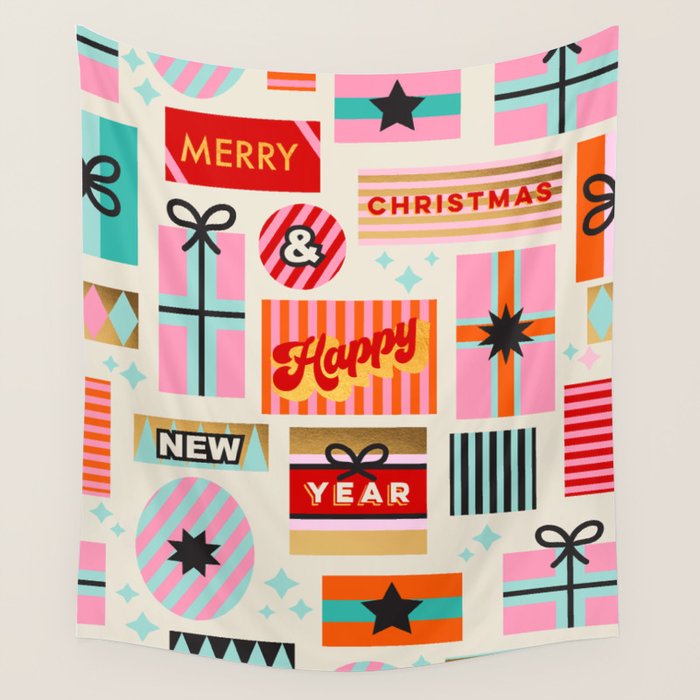 Retro Christmas Gift pattern with Season's Greetings Wall Tapestry Gallery Image 4