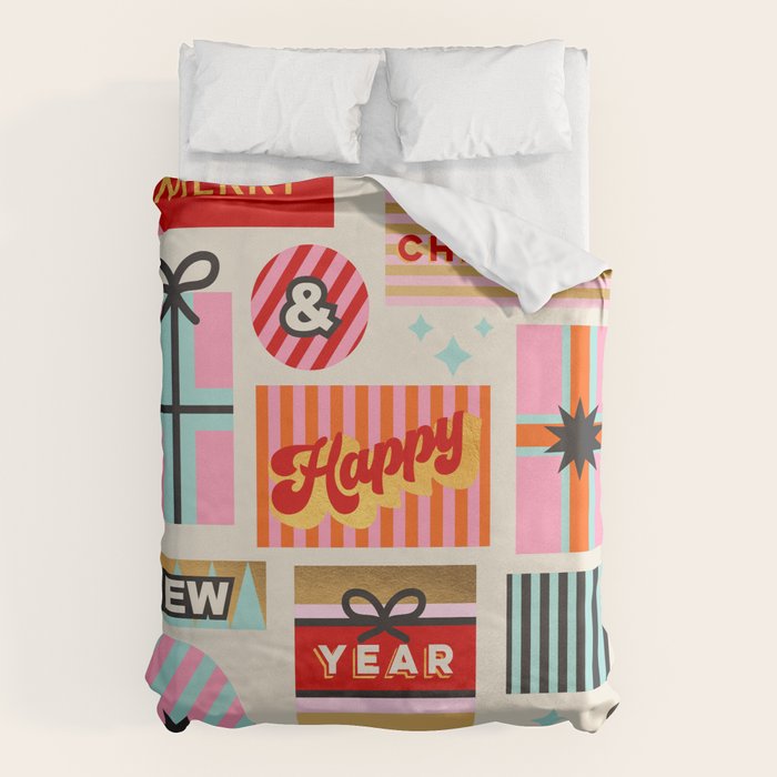 Retro Christmas Gift pattern with Season's Greetings Duvet Cover Gallery Image 1