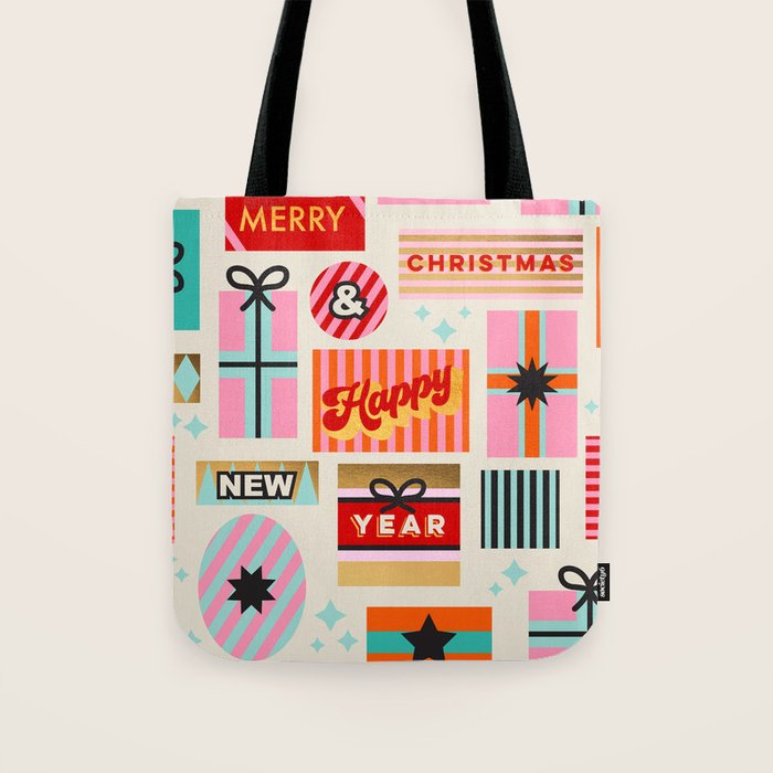 Retro Christmas Gift pattern with Season's Greetings Tote Bag Gallery Image 1