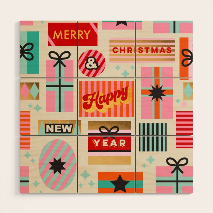 Retro Christmas Gift pattern with Season's Greetings Wood Wall Art Gallery Image 1