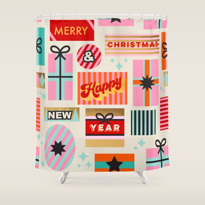 Retro Christmas Gift pattern with Season's Greetings Shower Curtain Gallery Image 1