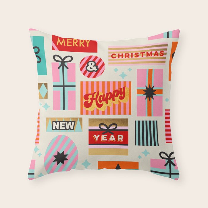 Retro Christmas Gift pattern with Season's Greetings Throw Pillow Gallery Image 6
