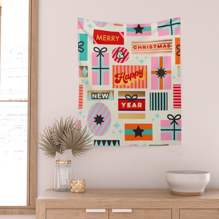 Retro Christmas Gift pattern with Season's Greetings Wall Tapestry Gallery Image 2