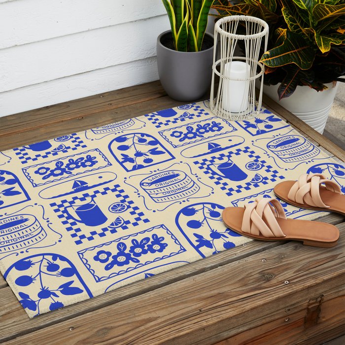 Blue summer vacation patchwork art pattern Outdoor Rug Gallery Image 2