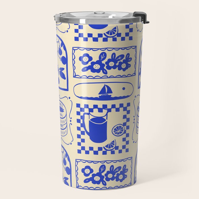 Blue summer vacation patchwork art pattern Travel Mug Gallery Image 2