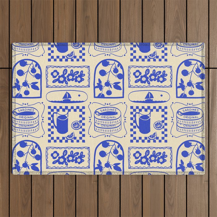 Blue summer vacation patchwork art pattern Outdoor Rug Gallery Image 1