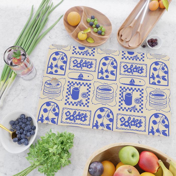 Blue summer vacation patchwork art pattern Cutting Board Gallery Image 2