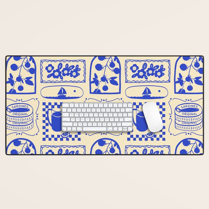 Blue summer vacation patchwork art pattern Desk Mat Gallery Image 1