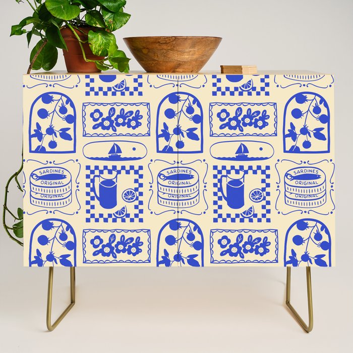 Blue summer vacation patchwork art pattern Credenza Gallery Image 1