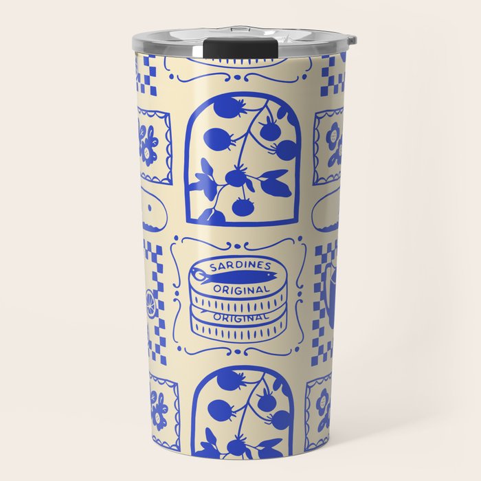 Blue summer vacation patchwork art pattern Travel Mug Gallery Image 1