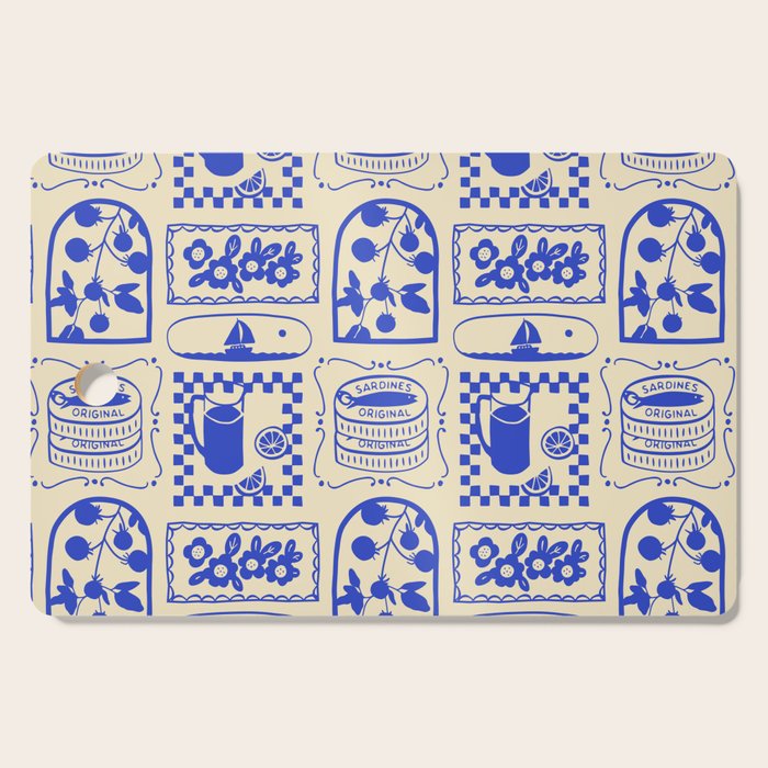 Blue summer vacation patchwork art pattern Cutting Board Gallery Image 1