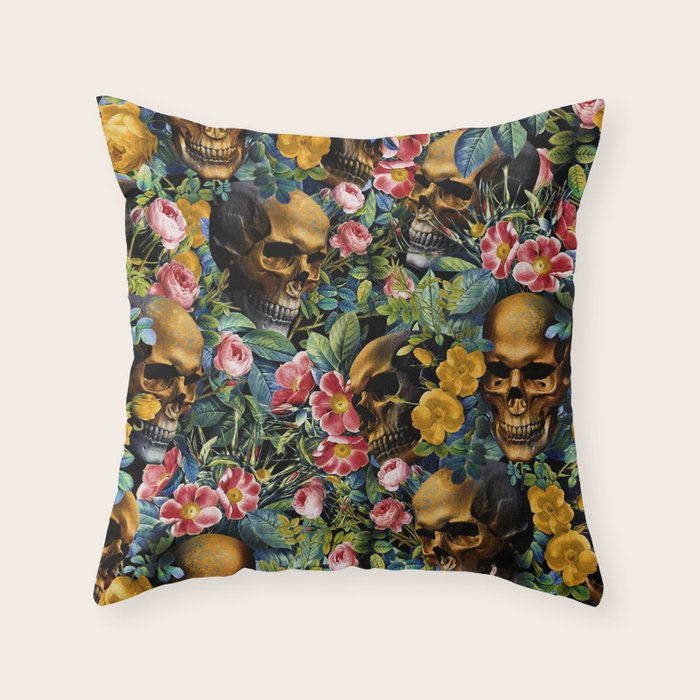 Skull and Flowers Pattern Throw Pillow Gallery Image 1